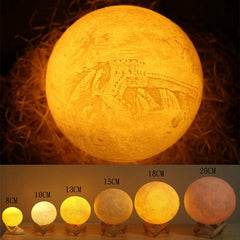 Personalized 3D Printed Moon Lamp with 3-Color Touch Control, USB Rechargeable LED Night Light & Wooden Base