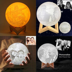 Personalized 3D Printed Moon Lamp with 3-Color Touch Control, USB Rechargeable LED Night Light & Wooden Base