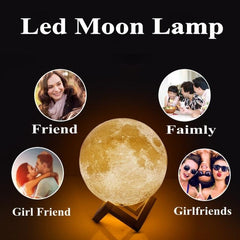 Personalized 3D Printed Moon Lamp with 3-Color Touch Control, USB Rechargeable LED Night Light & Wooden Base