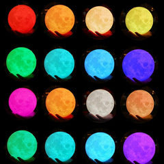 Customizable 16-Color 3D Printed Moon Lamp with USB Charge, LED Night Light, Remote Control, and Elegant Wooden Base