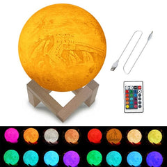 Customizable 16-Color 3D Printed Moon Lamp with USB Charge, LED Night Light, Remote Control, and Elegant Wooden Base