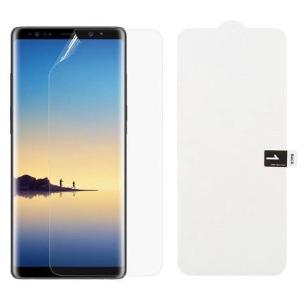 Hydrogel Full Cover Screen Protector For Samsung Galaxy showing clear edge-to-edge film on device with cutouts and peel tab