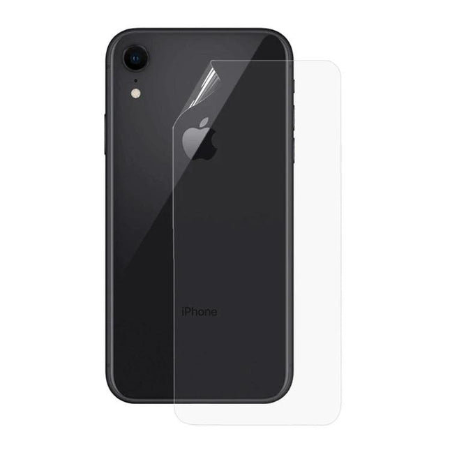 Soft Hydrogel Film Full Cover Back Protector For Smartphones on black iPhone showing clear full-cover back film protecting curved back