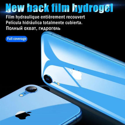 Soft Hydrogel Film Full Cover Back Protector For Smartphones showcasing clear, full-coverage protection on curved blue iPhone backs