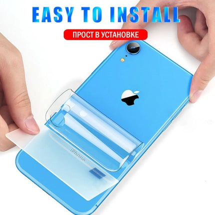 Soft Hydrogel Film Full Cover Back Protector For Smartphones clear flexible film being applied to blue iPhone back, easy dry installation, scratch protection