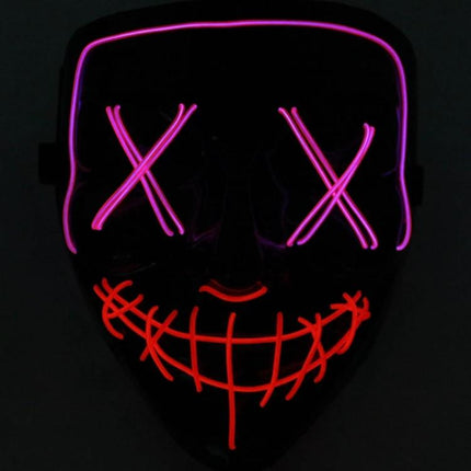 LED Face Mask For Halloween Parties Lightweight Comfort - glowing neon skull-style party mask with pink X eyes and red stitched smile, flexible breathable design