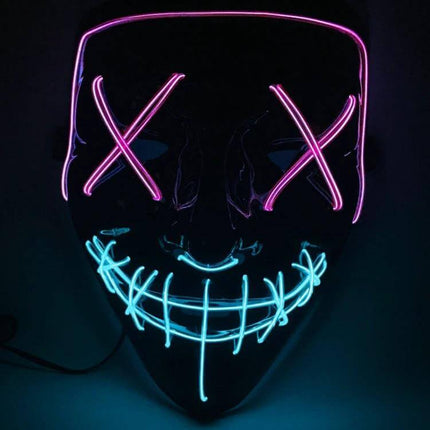 LED Face Mask For Halloween Parties Lightweight Comfort - black mask with pink X eyes and blue stitched grin electroluminescent glow