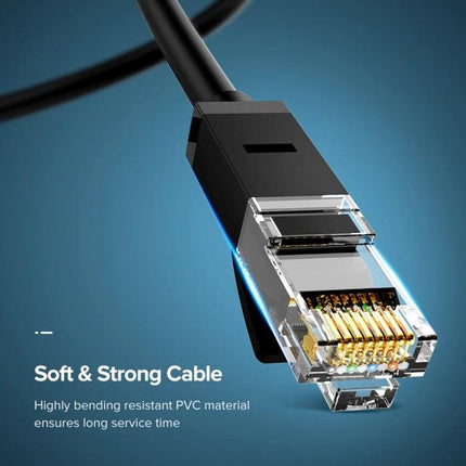 UGREEN Cat6 Gigabit Ethernet Cable for Home Networking - black RJ45 connector close-up, durable PVC jacket, low-latency home network cable