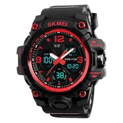 SKMEI Men's Waterproof Outdoor Sports Watch with Large Dial — rugged black and red 55mm outdoor sports watch with digital-analog display