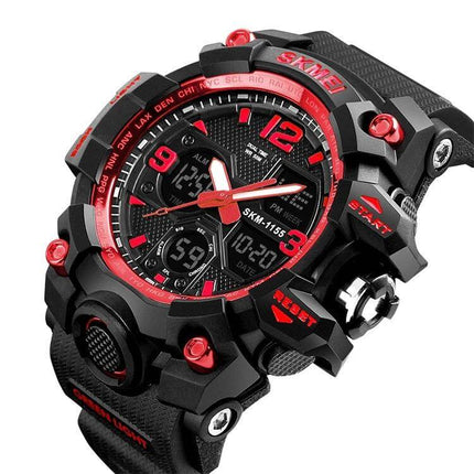SKMEI Men's Waterproof Outdoor Sports Watch with Large Dial black and red rugged 55mm dial showing analog-digital display and stopwatch controls