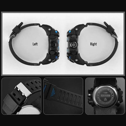SKMEI Men's Waterproof Outdoor Sports Watch with Large Dial showing left and right side views, strap details and stainless steel caseback