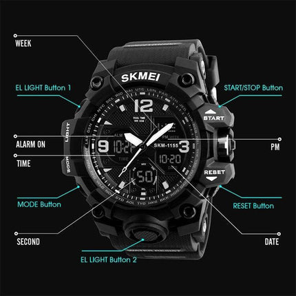 SKMEI Men's Waterproof Outdoor Sports Watch with Large Dial - black rugged 55mm outdoor sports watch showing buttons, stopwatch, alarm and waterproof features