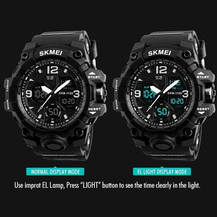 SKMEI Men's Waterproof Outdoor Sports Watch with Large Dial - dual-mode display showing normal and EL light time views on rugged black outdoor watch