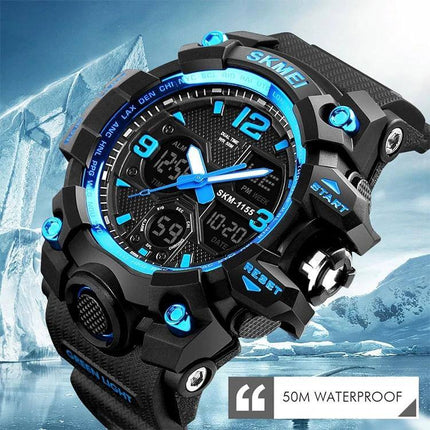 SKMEI Men's Waterproof Outdoor Sports Watch with Large Dial shown in black and blue 55mm rugged design, digital-analog display, 50M waterproof