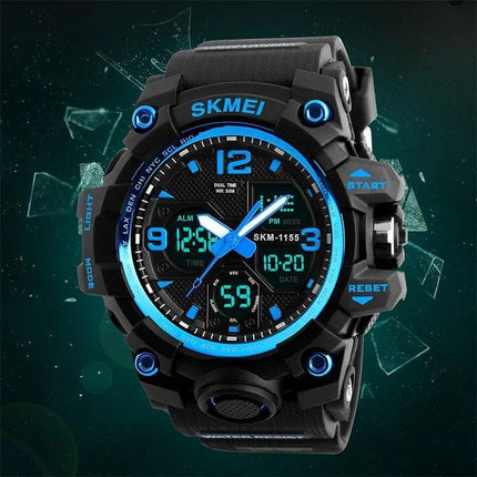 SKMEI Men's Waterproof Outdoor Sports Watch with Large Dial - black and blue 55mm digital-analog sports watch, 50m water resistant, stopwatch