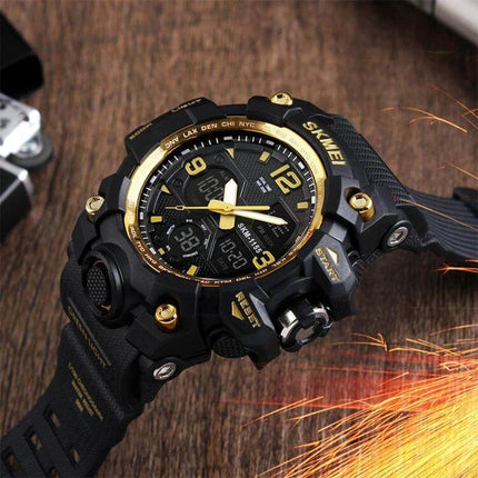 SKMEI Men's Waterproof Outdoor Sports Watch with Large Dial black and gold rugged 55mm dial showing analog-digital display