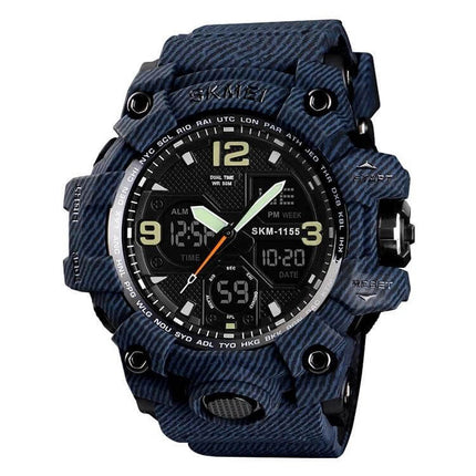 SKMEI Men's Waterproof Outdoor Sports Watch with Large Dial in blue camo rugged design, 55mm dial, stopwatch and digital-analog display