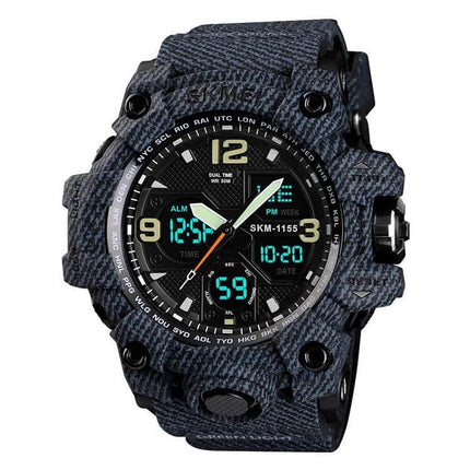 SKMEI Men's Waterproof Outdoor Sports Watch with Large Dial in textured dark blue, 55mm digital-analog display, sport stopwatch and alarm