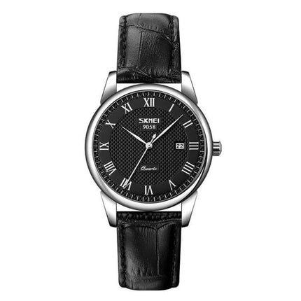 SKMEI Waterproof Quartz Wrist Watch with Leather Strap black dial, leather band, date display, classic everyday waterproof design