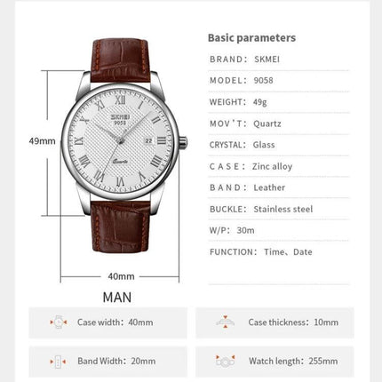 SKMEI Waterproof Quartz Wrist Watch with Leather Strap brown leather band white dial, 40mm case, 30m water resistance, time and date display