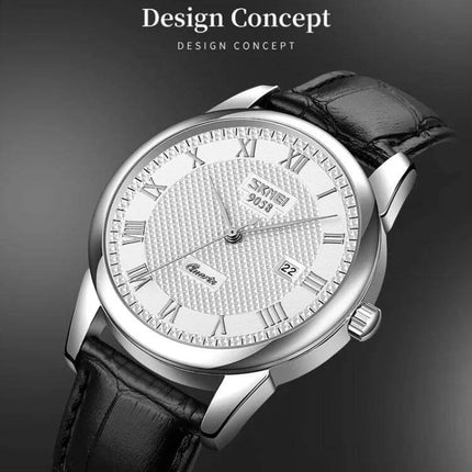 SKMEI Waterproof Quartz Wrist Watch with Leather Strap showing silver dial, date window and black leather strap on gray background
