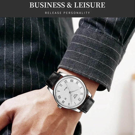 SKMEI Waterproof Quartz Wrist Watch with Leather Strap on wrist, silver dial and black leather band for business and leisure