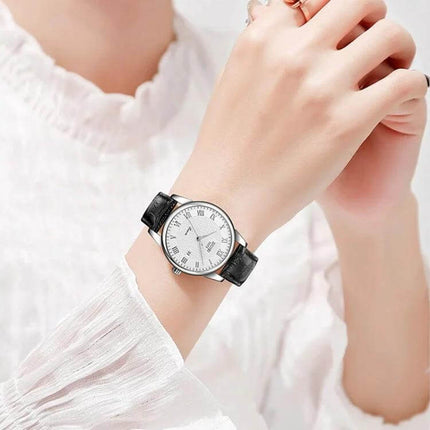 SKMEI Waterproof Quartz Wrist Watch with Leather Strap on wrist, white dial, black leather band, water-resistant casual dress watch