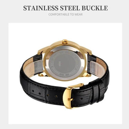 SKMEI Waterproof Quartz Wrist Watch with Leather Strap showing black leather strap and gold stainless steel buckle, rear view