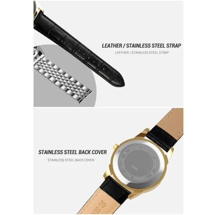 SKMEI Waterproof Quartz Wrist Watch with Leather Strap showing black leather strap and stainless steel back cover