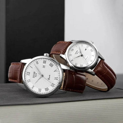 SKMEI Waterproof Quartz Wrist Watch with Leather Strap showing two silver dials and brown leather bands