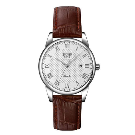 SKMEI Waterproof Quartz Wrist Watch with Leather Strap, white dial, roman numerals, brown leather band, date window, water resistant 30m