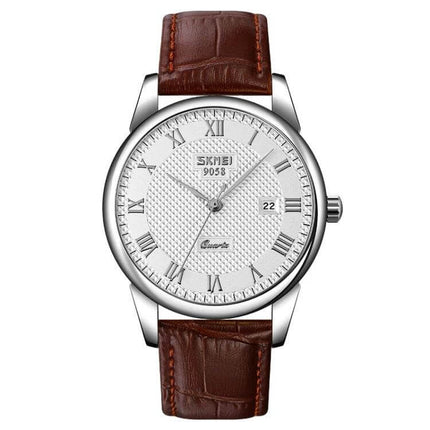 SKMEI Waterproof Quartz Wrist Watch with Leather Strap, silver dial with Roman numerals and brown leather band, date window, water-resistant