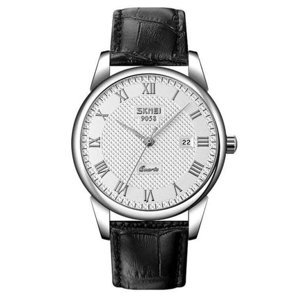 Alt Tag: SKMEI Waterproof Quartz Wrist Watch with Leather Strap classic silver dial, date display and black leather band, water resistant 30m