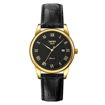 SKMEI Waterproof Quartz Wrist Watch for Everyday Wear - gold case, black textured dial with date window and black leather strap