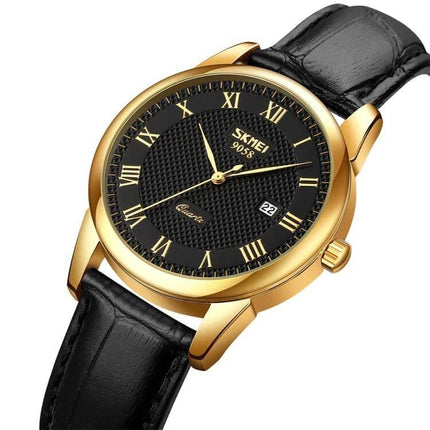 SKMEI Waterproof Quartz Wrist Watch for Everyday Wear - gold case black dial with leather strap, date display, water-resistant casual watch