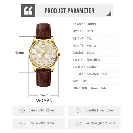 SKMEI Waterproof Quartz Wrist Watch for Everyday Wear - gold case, white dial, brown leather strap, 32mm case, water resistant to 30m