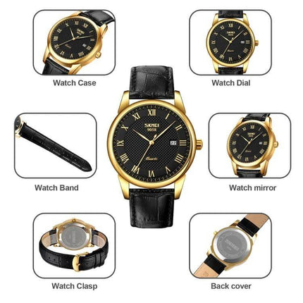 SKMEI Waterproof Quartz Wrist Watch for Everyday Wear with gold case, black textured dial, leather strap and date display