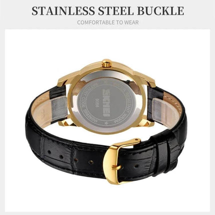 SKMEI Waterproof Quartz Wrist Watch for Everyday Wear - gold case, black leather strap with stainless steel buckle, water-resistant daily watch