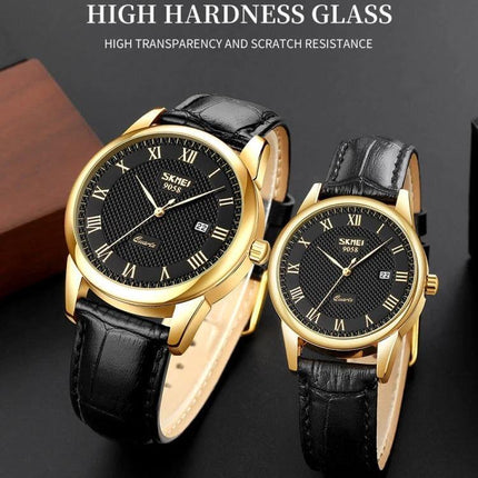 SKMEI Waterproof Quartz Wrist Watch for Everyday Wear - gold case black dial leather strap, date display, water-resistant everyday watch