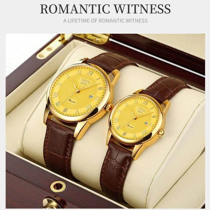 SKMEI Waterproof Quartz Wrist Watch for Everyday Wear - gold dial with brown leather strap displayed in gift box