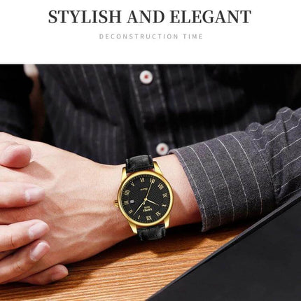 SKMEI Waterproof Quartz Wrist Watch for Everyday Wear on wrist with black leather strap gold case showing time and date, stylish everyday waterproof design