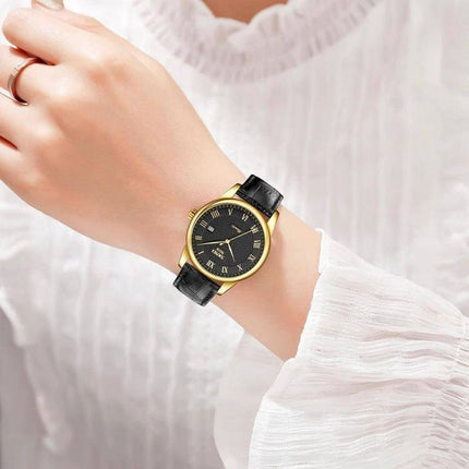 SKMEI Waterproof Quartz Wrist Watch for Everyday Wear on wrist with black leather strap and gold case, classic time and date display, water-resistant for light exposure