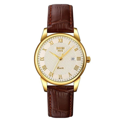 SKMEI Waterproof Quartz Wrist Watch for Everyday Wear - gold case, white dial with date, brown leather strap