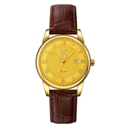 SKMEI Waterproof Quartz Wrist Watch for Everyday Wear - gold dial, brown leather strap, date display, classic waterproof design