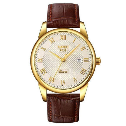 SKMEI Waterproof Quartz Wrist Watch for Everyday Wear – gold case analog watch with white textured dial, date window and brown leather strap