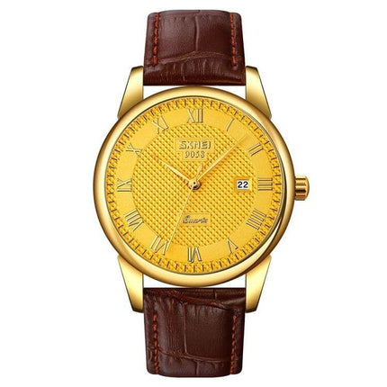 SKMEI Waterproof Quartz Wrist Watch for Everyday Wear - gold dial, brown leather strap, date display, classic waterproof design