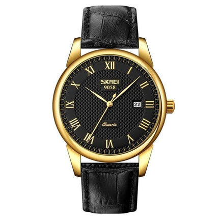 SKMEI Waterproof Quartz Wrist Watch for Everyday Wear - gold case, black textured dial with Roman numerals, date window, black leather strap