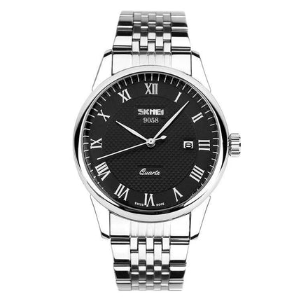 SKMEI Waterproof Steel Quartz Wrist Watch for Everyday Outdoor Use - stainless steel analog watch with black dial, date window, 30M water resistance
