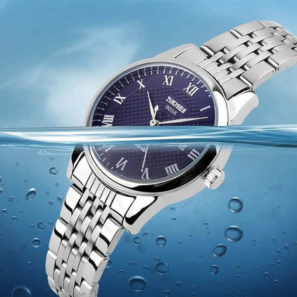 SKMEI Waterproof Steel Quartz Wrist Watch for Everyday Outdoor Use - stainless steel quartz watch half-submerged to show 30M water resistance