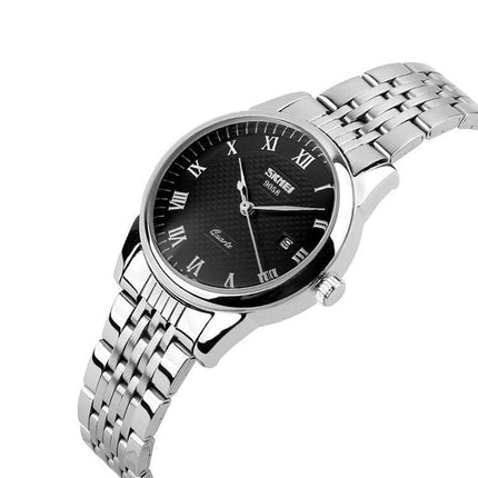 SKMEI Waterproof Steel Quartz Wrist Watch for Everyday Outdoor Use - silver steel case and bracelet with black dial and date window, 30m water resistance